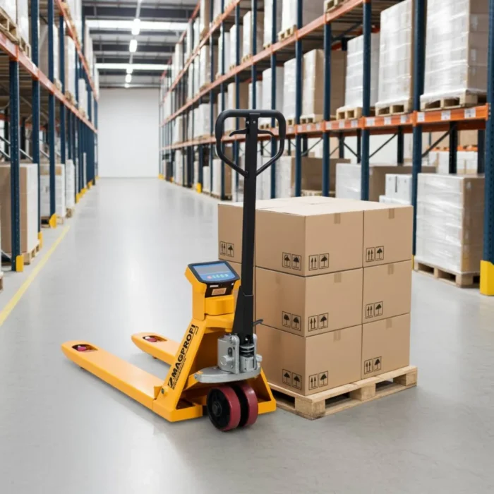 wózek w magazynie 1200x1200 Paleciak z wagą w magazynie